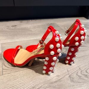 Penny Loves Kenny Red Patent Ankle-Strap Heels pearls detail